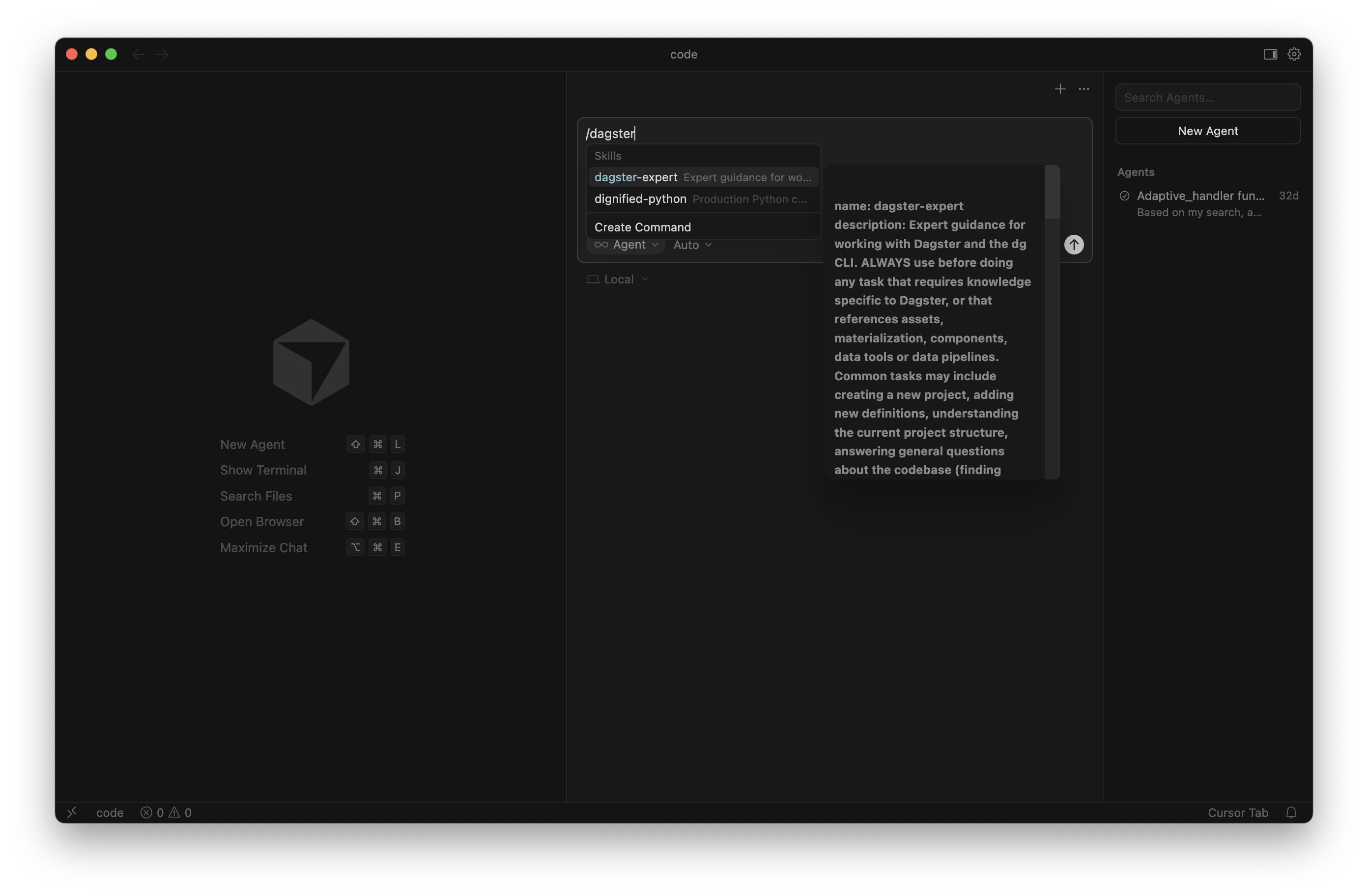 Cursor showing the Dagster skills available in the agent panel